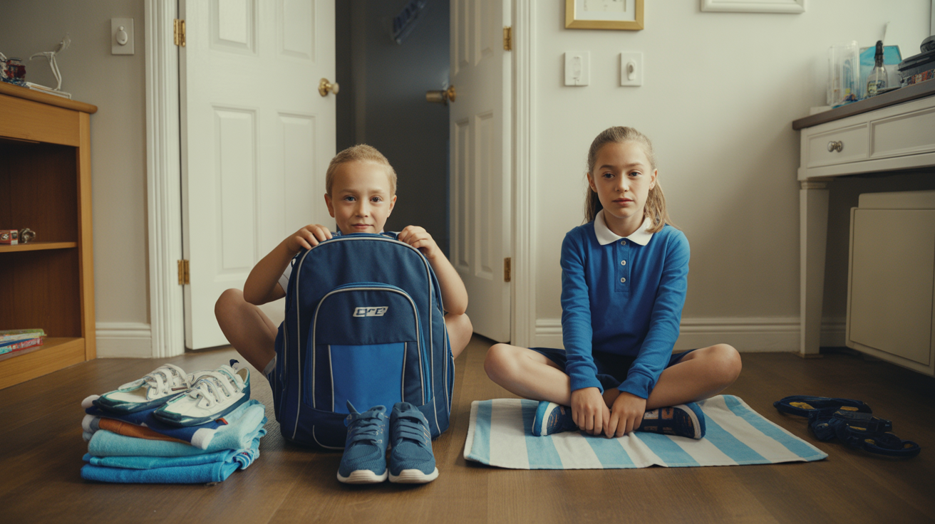 School bags and sports kit neatly arranged at home before the school week