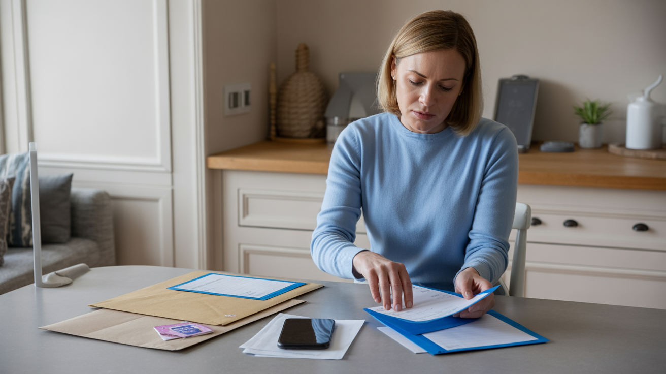 A parent sorting school letters and planning tasks at a tidy kitchen table