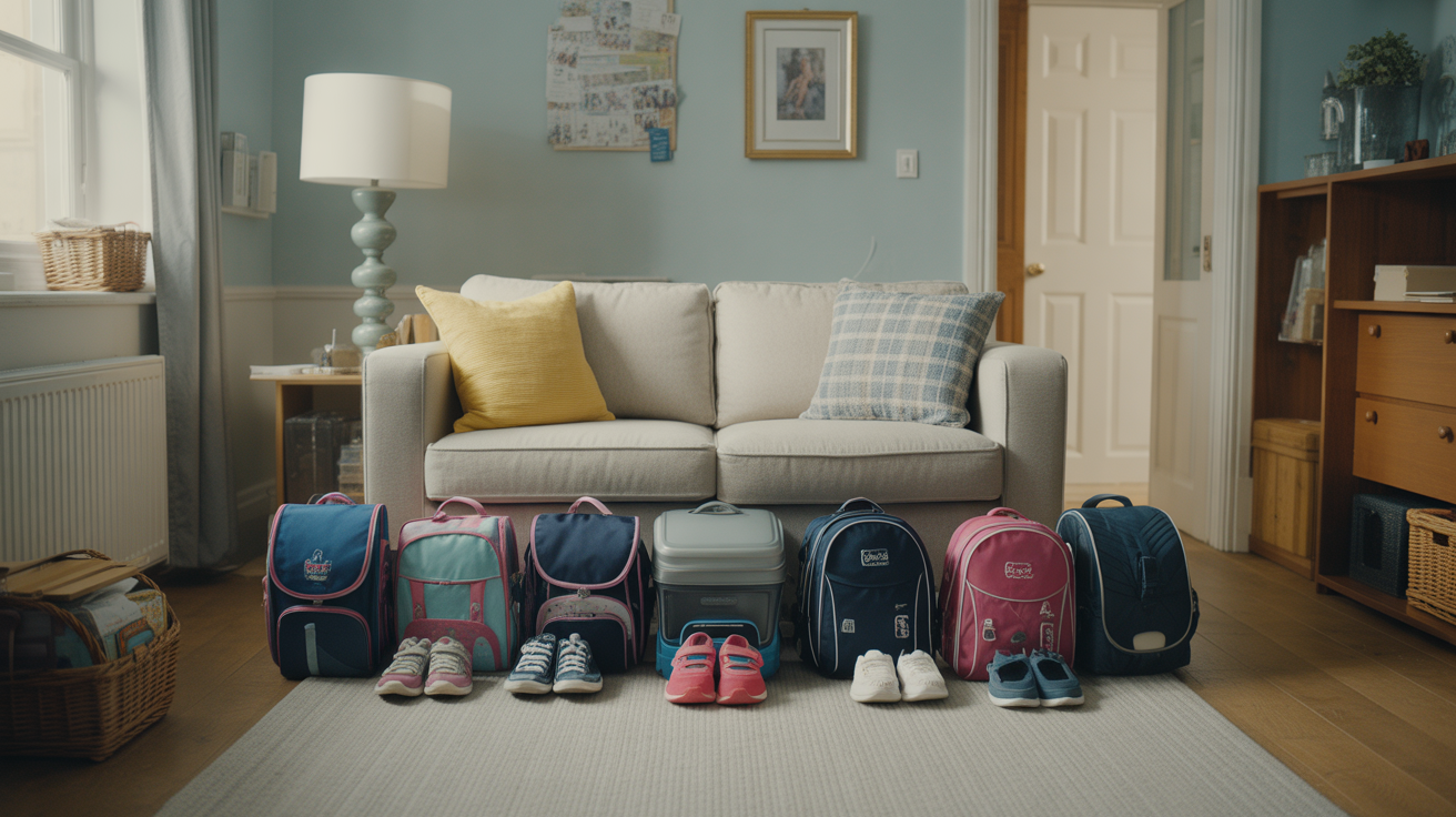 School bags and night-before prep items arranged neatly at home