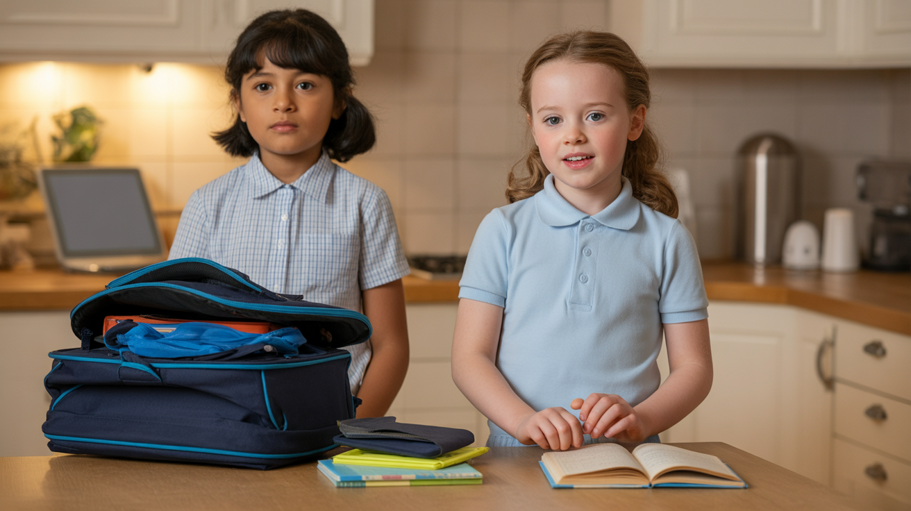 Children getting school things ready at a table at home
